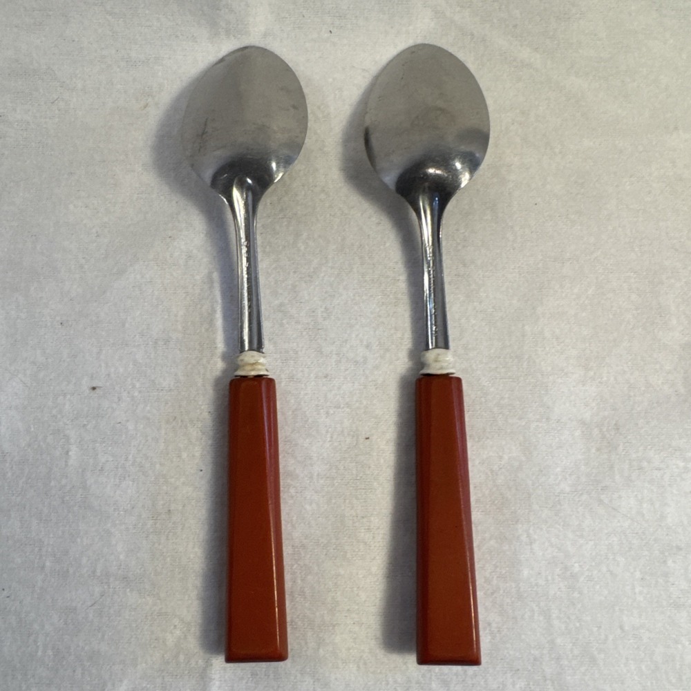 2 VTG Mid Century Table Spoon SR STANLEY ROBERT Stainless Japan Red Bakelite - Picture 4 of 5
